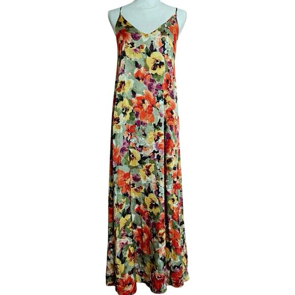 Nicole Miller satin watercolor floral maxi dress sleeveless racerback pockets S - Picture 11 of 14